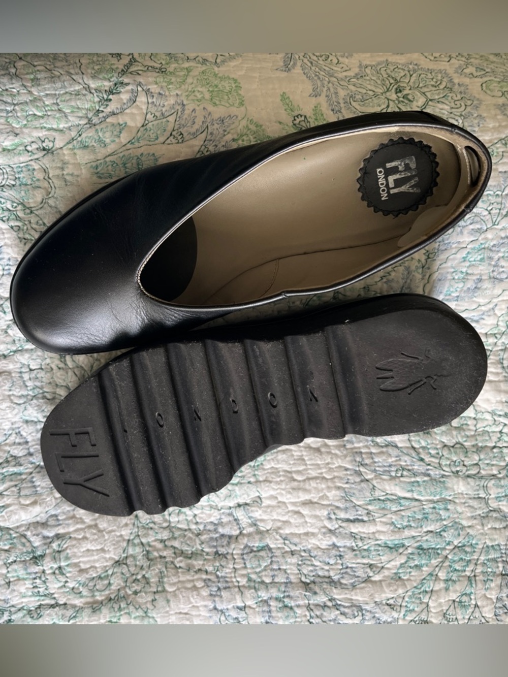 Fly London Black Leather Slip-On Ballet Flats with Ribbed Sole